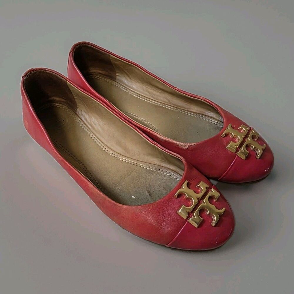 Tory Burch Everly Leather Ballet Flats Women Size 6 Apple Red FLAWS READ